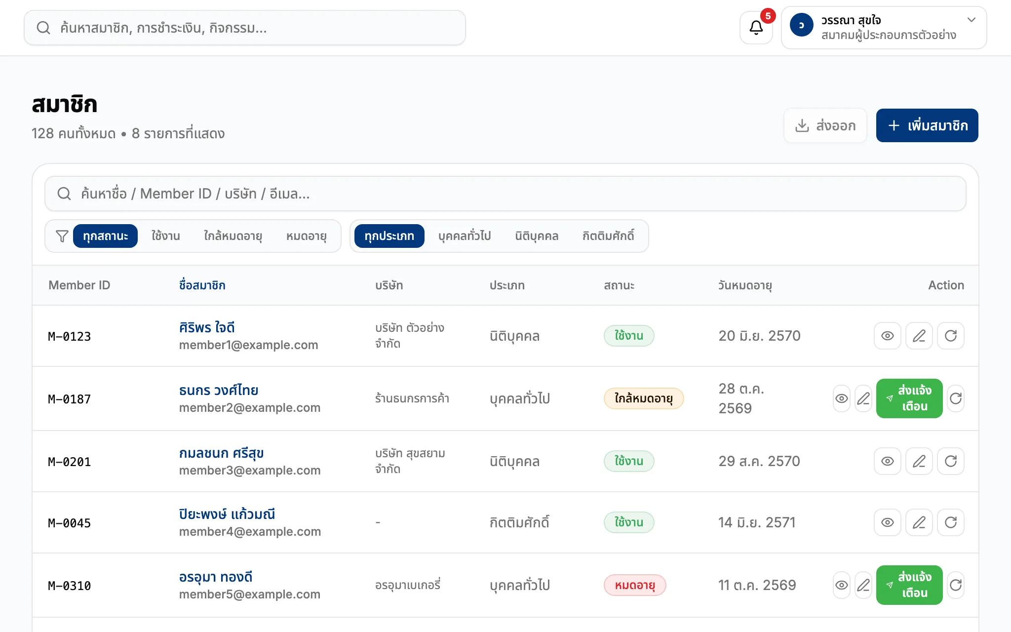 หน้ารายชื่อสมาชิกในหลังบ้าน กรองตามสถานะและประเภท